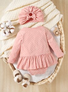 SHEIN Baby Polka Dot Print Ruffle Hem Combo Sleep Bodysuit Dress - Pink - View 2