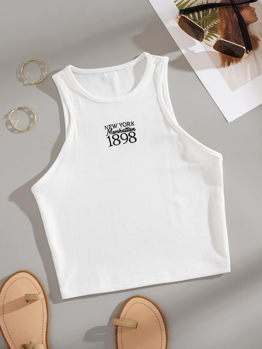 INAWLY Camiseta de tirantes de punto acanalado con gráfico de letras, blusas gráficas para mujeres - Blanco - Ver 1