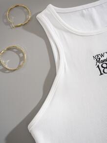 INAWLY Camiseta de tirantes de punto acanalado con gráfico de letras, blusas gráficas para mujeres - Blanco - Ver 5