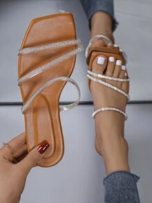 Women Rhinestone Decor Slide Sandals, Glamorous Summer Flat Sandals - Brown - View 2