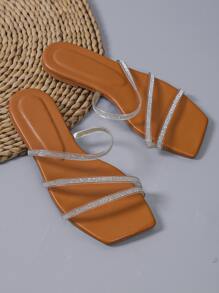 Women Rhinestone Decor Slide Sandals, Glamorous Summer Flat Sandals - Brown - View 3