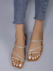 Women Rhinestone Decor Slide Sandals, Glamorous Summer Flat Sandals - Brown - View 4