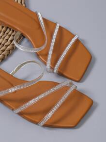 Women Rhinestone Decor Slide Sandals, Glamorous Summer Flat Sandals - Brown - View 5