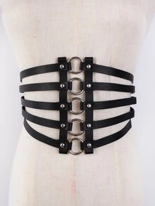 Ring & Studded Decor Corset Belt - Black - View 1
