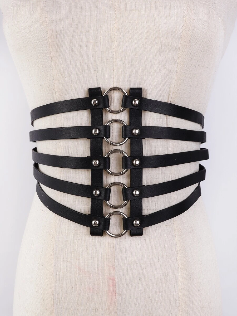 Ring & Studded Decor Corset Belt - Black - View 1