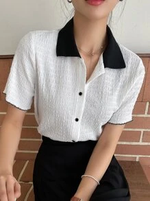 DAZY Contrast Collar Button Front Shirt - White - View 1