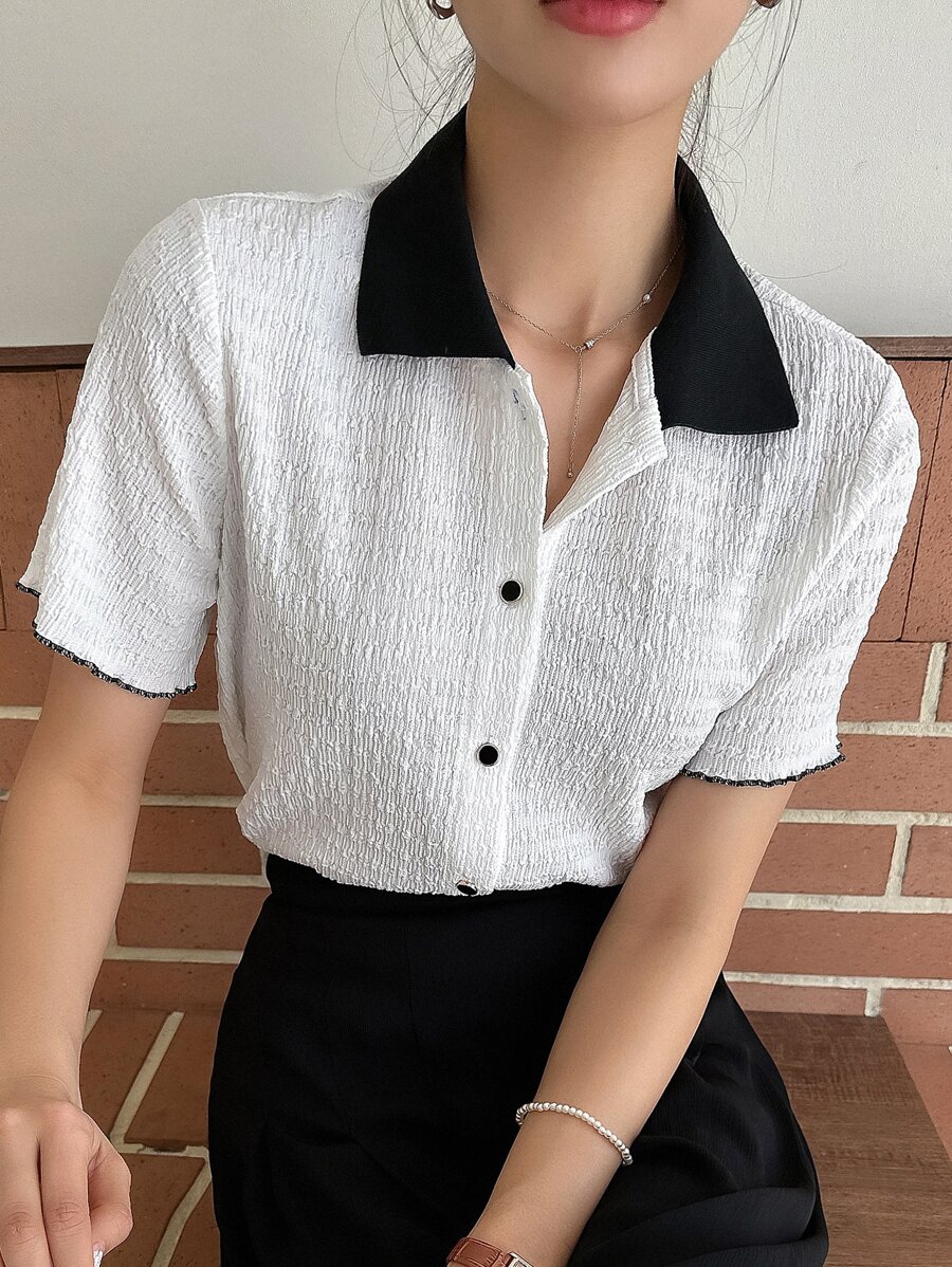 DAZY Contrast Collar Button Front Shirt - White - View 1