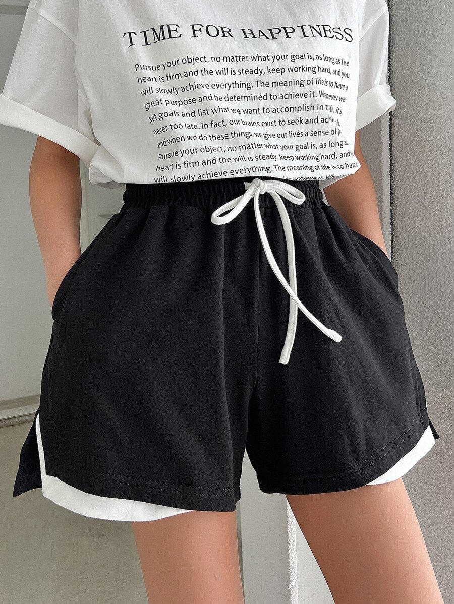 DAZY Tương phản ràng buộc Eo dây rút Quần short thể thao - màu đen - Xem 1