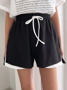 DAZY Tương phản ràng buộc Eo dây rút Quần short thể thao - màu đen - Xem 5