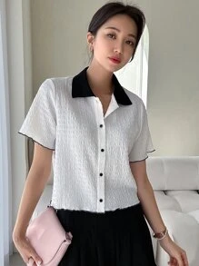 DAZY Contrast Collar Button Front Shirt - White - View 5