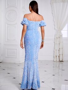 LOVE&LEMONADE Off Shoulder Split Thigh Sequin Formal Dress - Blue - View 2
