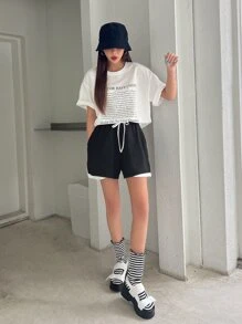 DAZY Tương phản ràng buộc Eo dây rút Quần short thể thao - màu đen - Xem 6