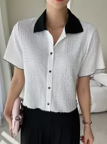 DAZY Contrast Collar Button Front Shirt - White - View 6