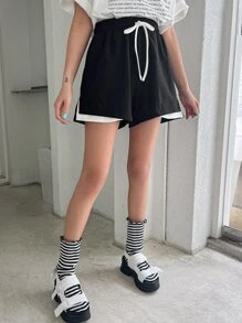 DAZY Tương phản ràng buộc Eo dây rút Quần short thể thao - màu đen - Xem 7