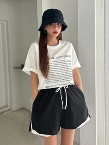 DAZY Tương phản ràng buộc Eo dây rút Quần short thể thao - màu đen - Xem 8