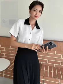 DAZY Contrast Collar Button Front Shirt - White - View 8