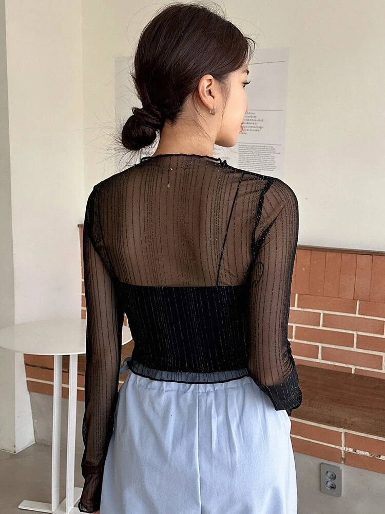 Lettuce Trim Sheer Mesh Top Without Cami Top Going Out Tops Festival Long Sleeve Women Tops,Fall Women Clothes