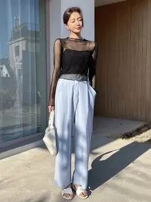 DAZY Lettuce Trim Sheer Mesh Top Without Cami Top Going Out Tops Festival Long Sleeve Women Tops,Fall Women Clothes - Black - View 7