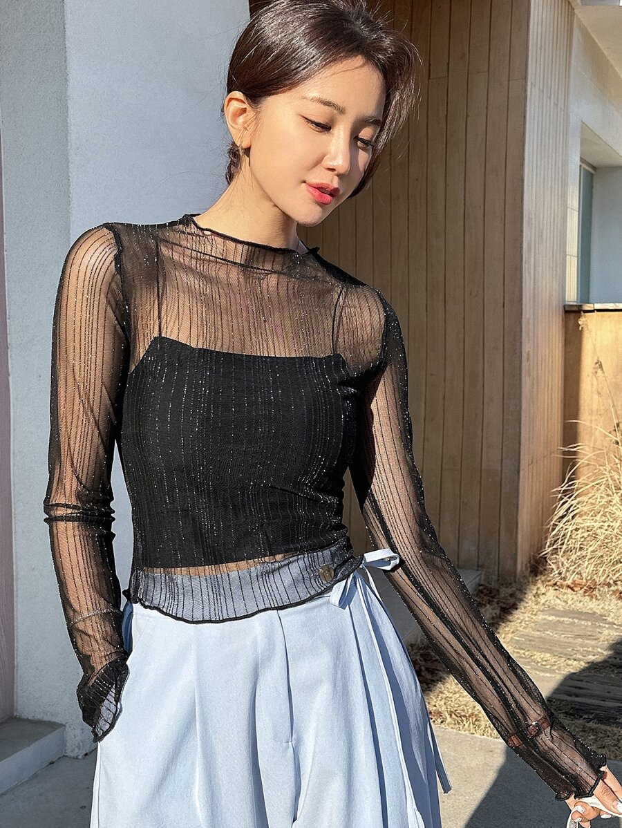 DAZY Lettuce Trim Sheer Mesh Top Without Cami Top Going Out Tops Festival Long Sleeve Women Tops,Fall Women Clothes - Black - View 1