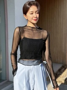 DAZY Lettuce Trim Sheer Mesh Top Without Cami Top Going Out Tops Festival Long Sleeve Women Tops,Fall Women Clothes - Black - View 5