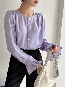 DAZY Solid Button Front Flounce Sleeve Blouse - Purple - View 1
