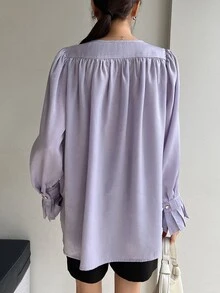 DAZY Solid Button Front Flounce Sleeve Blouse - Purple - View 2