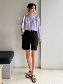 DAZY Solid Button Front Flounce Sleeve Blouse - Purple - View 3