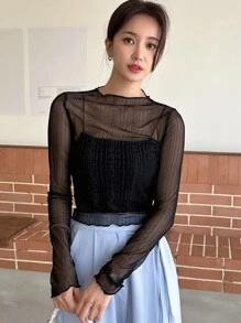 DAZY Lettuce Trim Sheer Mesh Top Without Cami Top Going Out Tops Festival Long Sleeve Women Tops,Fall Women Clothes - Black - View 4