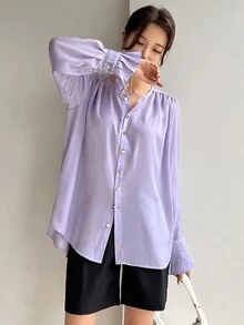 DAZY Solid Button Front Flounce Sleeve Blouse - Purple - View 4