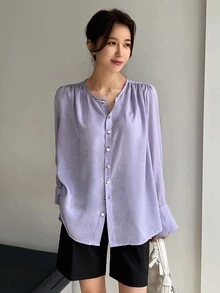 DAZY Solid Button Front Flounce Sleeve Blouse - Purple - View 5