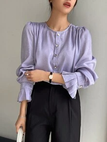 DAZY Solid Button Front Flounce Sleeve Blouse - Purple - View 6