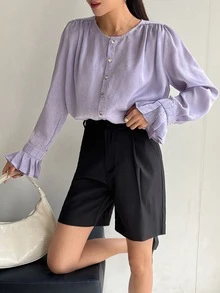 DAZY Solid Button Front Flounce Sleeve Blouse - Purple - View 7