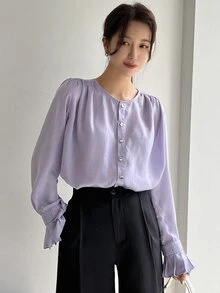 DAZY Solid Button Front Flounce Sleeve Blouse - Purple - View 8