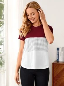 SHEIN Maternity Striped Nursing Tee - Burgundy - View 3