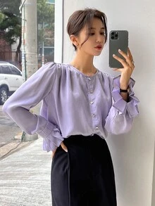 DAZY Solid Button Front Flounce Sleeve Blouse - Purple - View 9