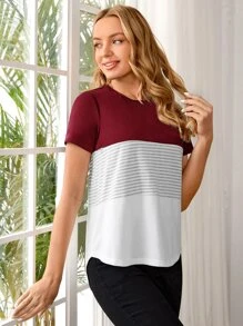 SHEIN Maternity Striped Nursing Tee - Burgundy - View 4