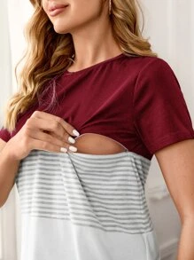 SHEIN Maternity Striped Nursing Tee - Burgundy - View 5