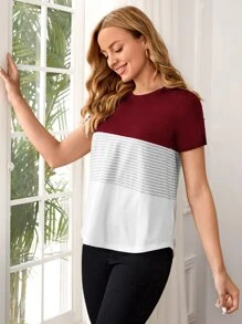 SHEIN Maternity Striped Nursing Tee - Burgundy - View 6