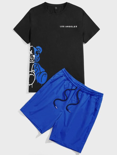 Conjunto de verano para hombre con camiseta gráfica de oso y letras, y shorts con cordón en la cintura