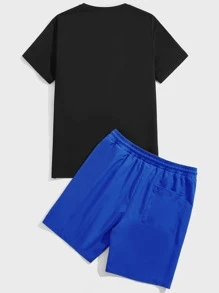 Manfinity VCAY Men Bear & Letter Graphic Tee & Drawstring Waist Shorts Summer Outfit - Royal Blue - View 2
