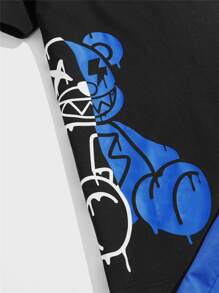 Manfinity VCAY Men Bear & Letter Graphic Tee & Drawstring Waist Shorts Summer Outfit - Royal Blue - View 3