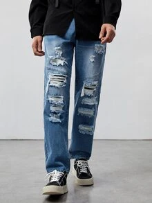 ROMWE MEN Guys Slant Pocket Ripped Jeans - Medium Wash - View 2