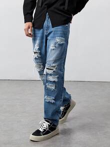 ROMWE MEN Guys Slant Pocket Ripped Jeans - Medium Wash - View 4