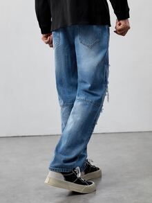 ROMWE MEN Guys Slant Pocket Ripped Jeans - Medium Wash - View 5