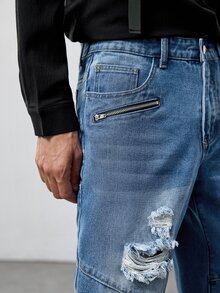 ROMWE MEN Guys Slant Pocket Ripped Jeans - Medium Wash - View 6