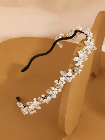 1 件女士精美珍珠和水晶装饰发箍，女神派对