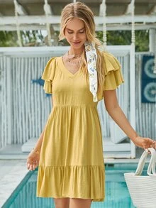 SHEIN Frenchy Vestido smock unicolor bajo con fruncido - Amarillo - Ver 5