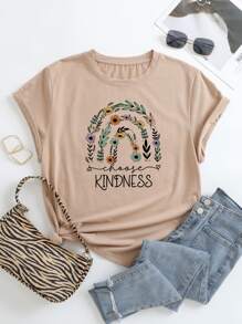 SHEIN LUNE Plus Plants And Letter Graphic Tee - Apricot - View 1