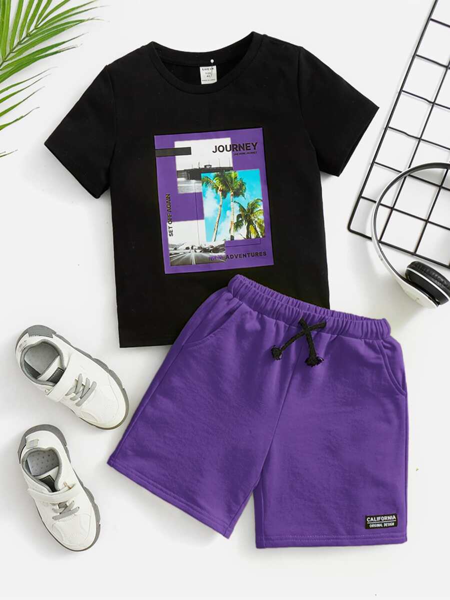SHEIN Leap Crew Bộ thời trang bé trai Dây kéo Đắp vá Túi Lá thư Nhiệt đới Giải trí - Màu tím  Violet - Xem 1