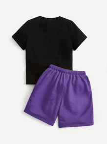 SHEIN Leap Crew Bộ thời trang bé trai Dây kéo Đắp vá Túi Lá thư Nhiệt đới Giải trí - Màu tím  Violet - Xem 2